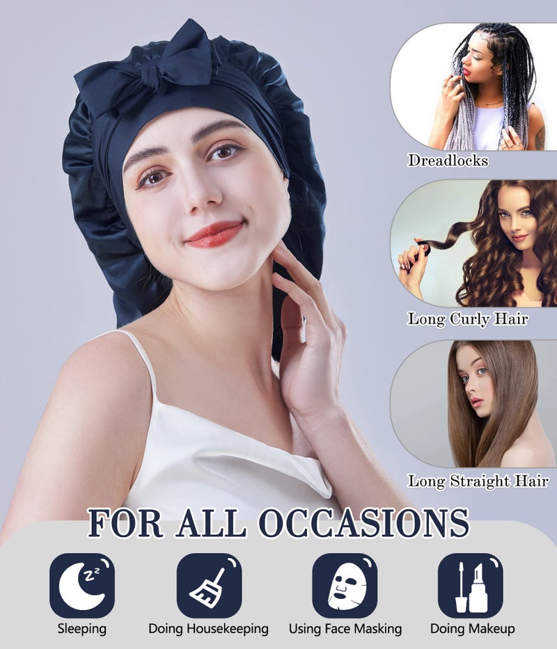 Cocheng Mulberry Silk Bonnet for Sleeping Long Silk Bonnet for Curly Hair Braids Bonnet for Women Silk Bonnet with Tie Band Blue - Image 5